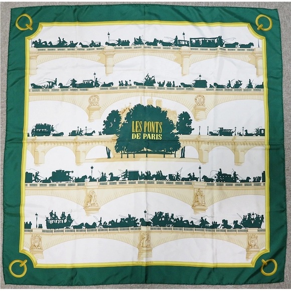 Hermes Les Ponts de Paris Silk Scarf in Green and Gold - Picture 1 of 12